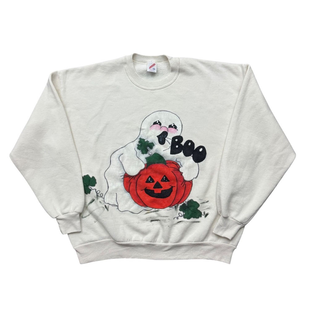 Vintage Jerzees Halloween Ghost Pumpkin Crewneck Sweatshirt Hand Painted USA 2X
